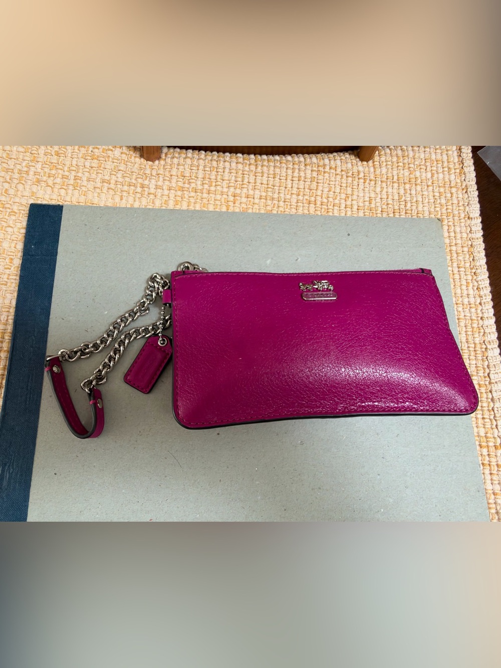 Coach Hot Pink Pebbled Leather Chain Wristlet Clutch Silver Horse Carriage Logo